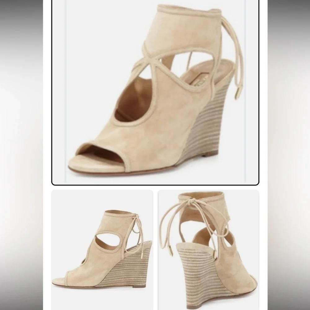 Aquazzura Sexy Thing Cut Out Suede Wedge Sandals in Nude